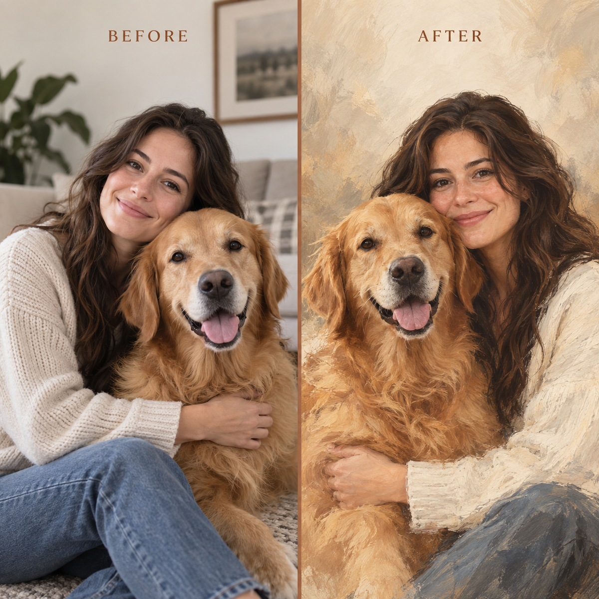 Before and after personalised digital portrait transformation example